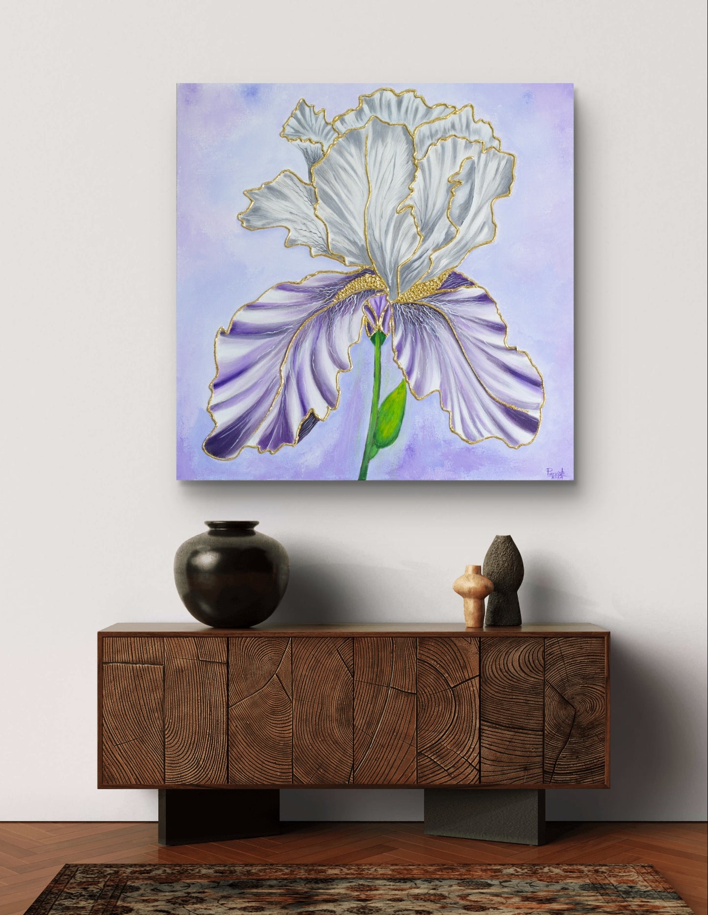 Enchanted Bloom: Gold Leaf Irish Flower in Purple & Grey