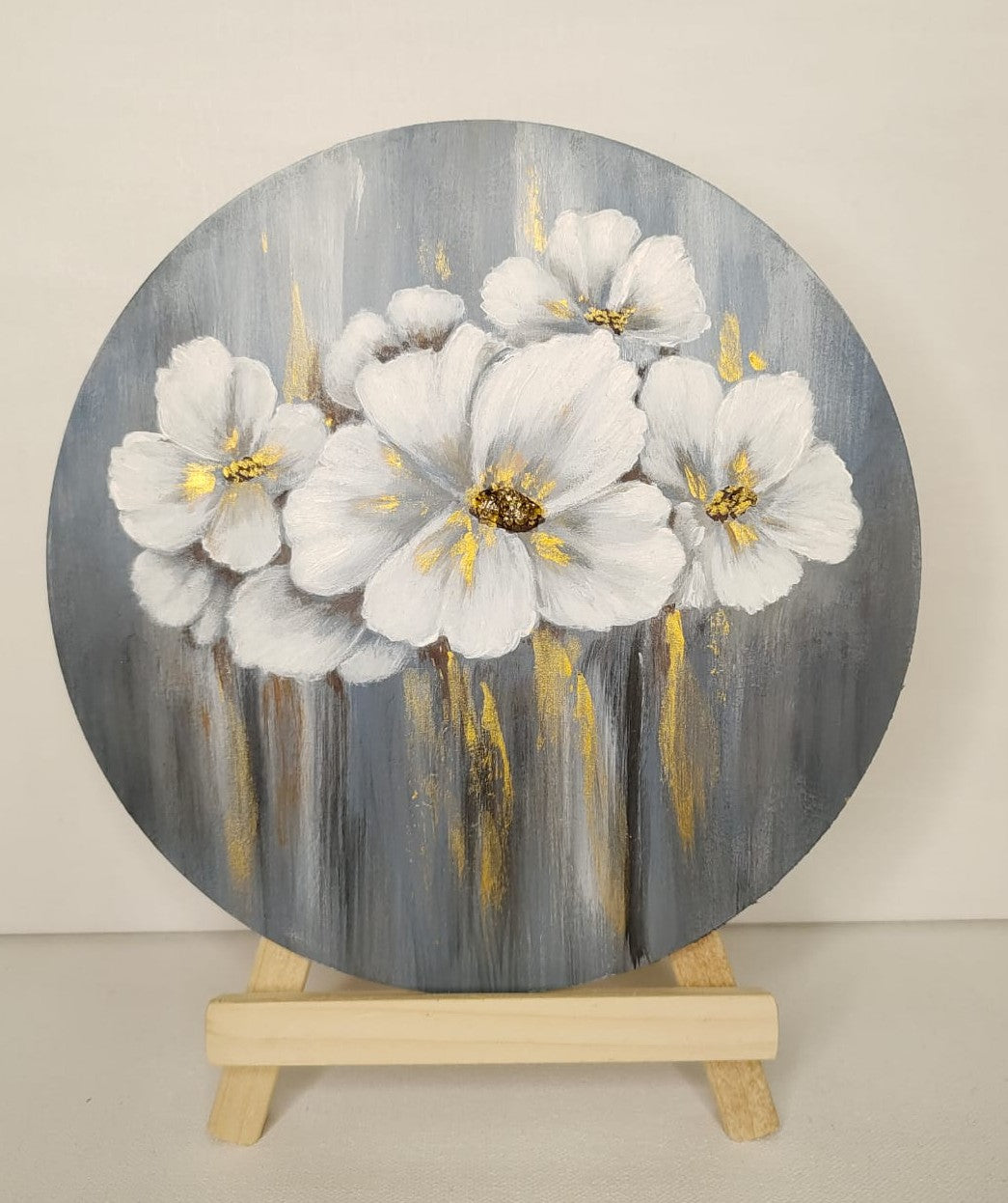 Round shaped Floral with Golden touch in MDF Board with wooden easel