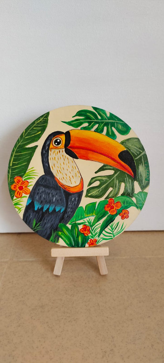 Black toucan on round shape MDF with a Wooden stand
