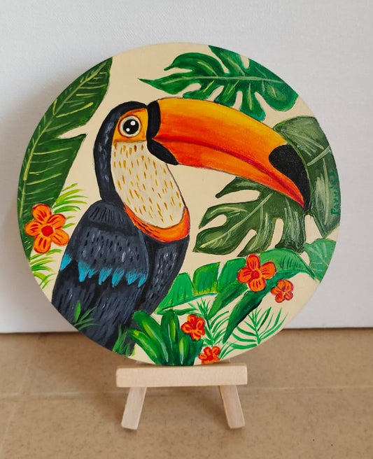 Black toucan on round shape MDF with a Wooden stand