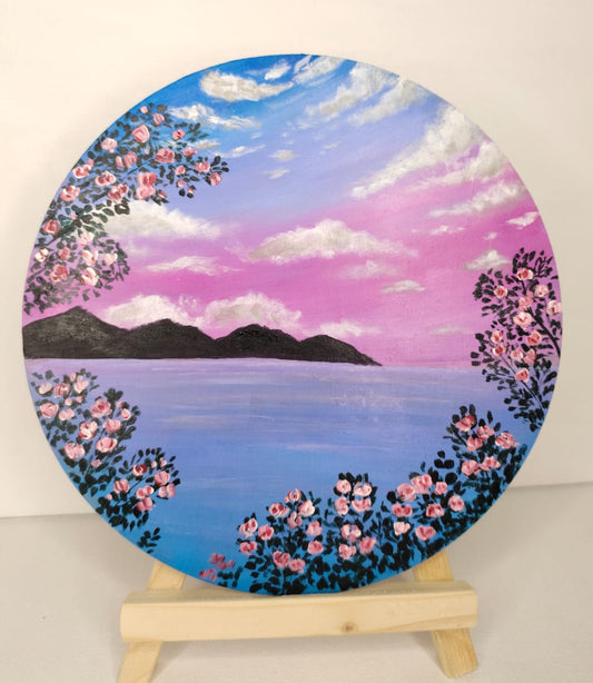 Round Serene Sunset by the Lake: A Hand-Painted Masterpiece on MDF Board with wooden easel.