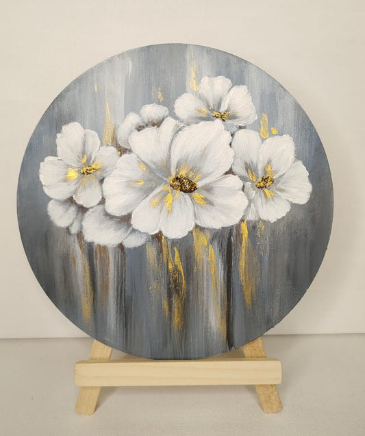 Round shaped Floral with Golden touch in MDF Board with wooden easel