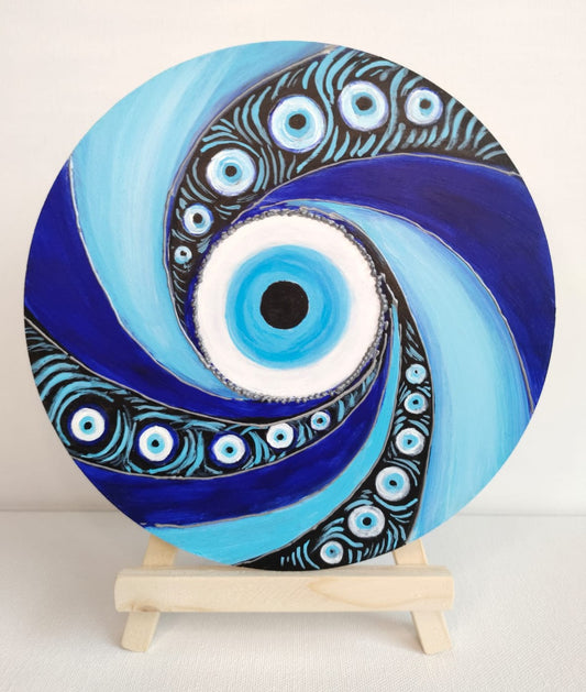 Round shaped Evil Eye Swirl Art on MDF Board with Wooden Easel